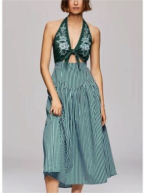 Farm Rio Embroidered Halter-Neck Cutout Dress